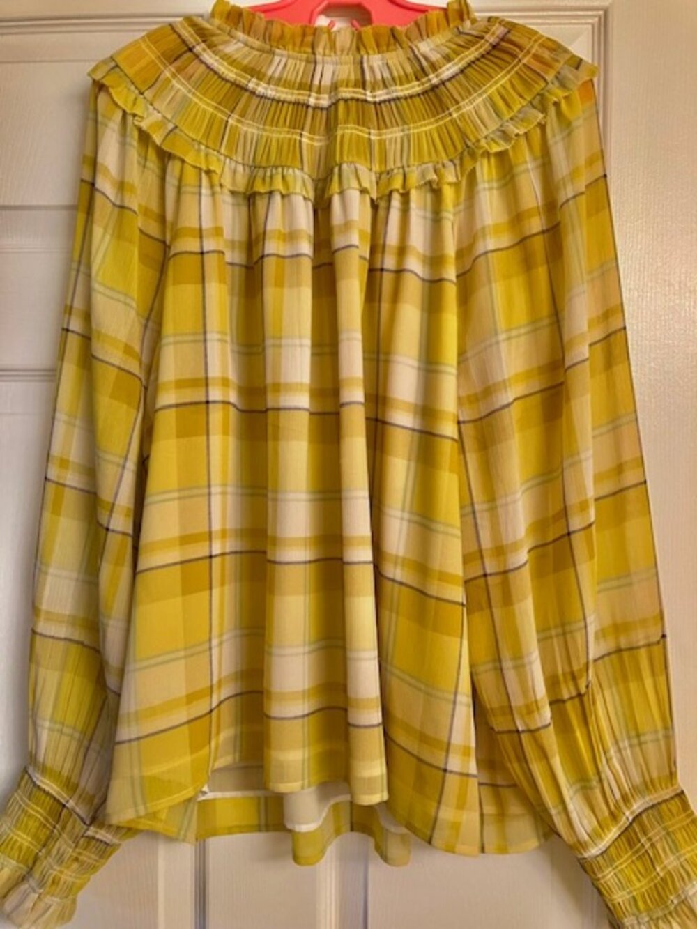Ann Taylor Gold Plaid Ruffle Neck Blouse Size XXL
